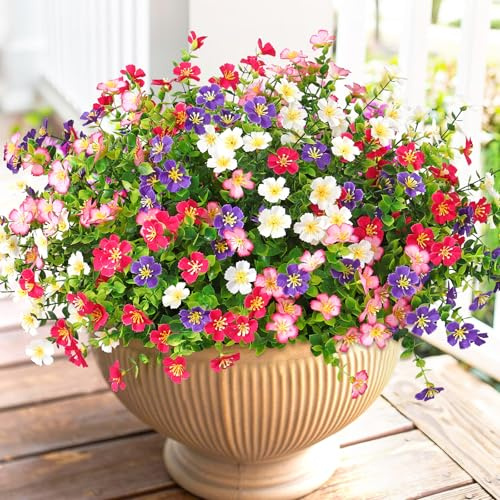 SOMYTING konstgjorda blommor utomhus, 12 buntar falska blommor (flerfärgade) | Konstgjorda växter utomhus UV-resistent, falsk plast grönska för trädgård veranda fönsterlåda hem bröllop bondgård dekor
