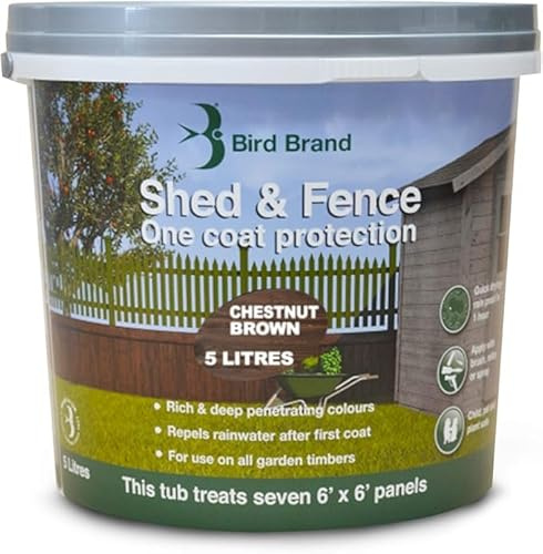 5L, Shed & Fence One Coat Protection Chestnut Brown, Garden Timber Treatment, Weatherproof Wood Stain and Preservative, Durable Exterior Finish for Sheds, Fences, Decking & Outdoor Wood Surfaces