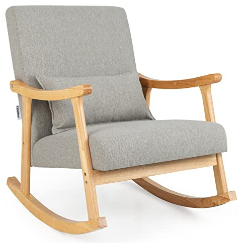 COSTWAY Sedia a Dondolo con Cuscino, Poltrona Dondolo Interno Ergonomica con Schienale Alto, Seduta Imbottito, in Legno di Gomma, per Soggiorno e Camera da Letto (Grigio)