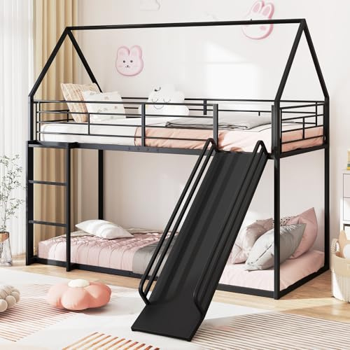 GOPLUS Lit Superposé Cabane 90x200CM pour Enfants de 6-16 Ans, Lit Toboggan Mezzanine avec Échelle à 3 Marches, Barrière de Sécurité et Cadre en Métal Robuste, Charge 110KG (Noir)