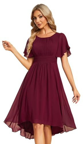 Ever-Pretty Robe de Cocktail Soirée Femme Col Rond Manches Courtes Mousseline Bordeaux 44