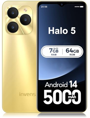 invens Halo 5 Mobile Phones SIM Free Unlocked Android 14 Smartphone with 6.52''HD+ Display, 5000mAh Battery,7GB+64GB/256GB,8MP+16MP Camera, 4G Dual Sim/Fingerprint/Face ID/GPS (Gold)