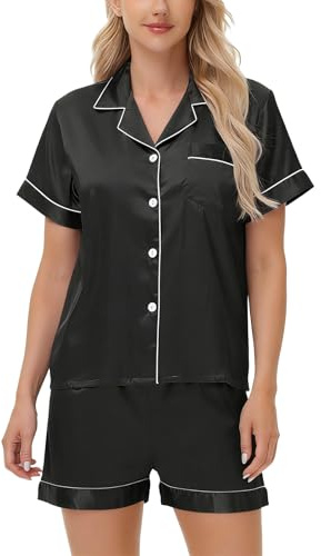 LXEASYGO Imitation Silk Pajamas for Women Soft Short Sleeve Satin Sleepwear Ladies Pjs Two Piece Set Button Down Nightwear Loungewear