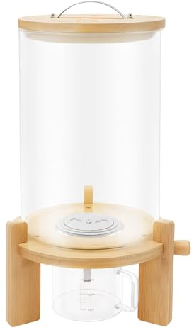 Shinpeed Distributeur de riz, grand réservoir de 7,5 l, avec couvercle en bambou et valve, rangement en verre pour riz, céréales, céréales