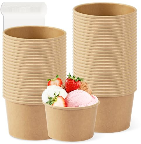 50 bicchieri da gelato universali in cartone ecologico, 240 ml, in carta con cucchiaio, in cartone, compostabili, per gelato, yogurt, finger food (marrone)