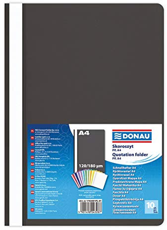 DONAU 1702001PL-01 Plastik Schnellhefter A4 Schwarz/ Sichthefter Kunststoff aus öko PP-Folie 120/180 µm/ mit transparentem Deckel/ für Büro und Schule/ Fassungsvermögen ca. 200 Blatt | 10er Pack