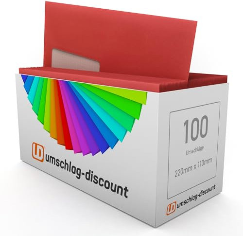 100 Fensterumschläge, Cadmium, Rot, Dunkelrot, DIN lang = 220 x 110 mm, Haftklebestreifen, Kuverts mit Fenster