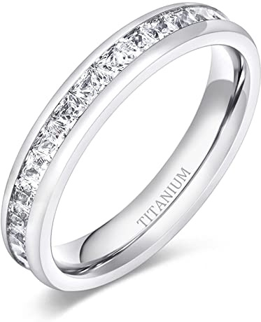 TIGRADE 4mm Women Titanium Engagement Ring Cubic Zirconia Eternity Wedding Band Size 3 to 13.5 (4MM-Square CZ, 8)