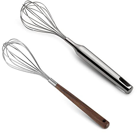 UPTALY Fruste da cucina in acciaio inox grandi (31 cm, 28,5 cm), frusta per uova con manico in legno, frusta a forma di palloncino, miscelatore manuale per burro, frusta a spirale per miscelazione