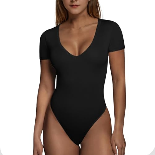 RoomTour body mujer elegante Body Con cuello en pico Para Mujer Manga corta, Tops body de tanga para mujer 1-Negro M