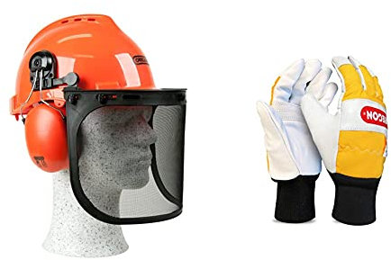 Oregon Yukon Casco di Sicurezza con Cuffie Antirumore e Visiera in Rete, Ideale per Lavori con Motosega e Decespugliatore & Coppia di Guanti Protettivi in Pelle per utilizzo con Motosega, Taglia M
