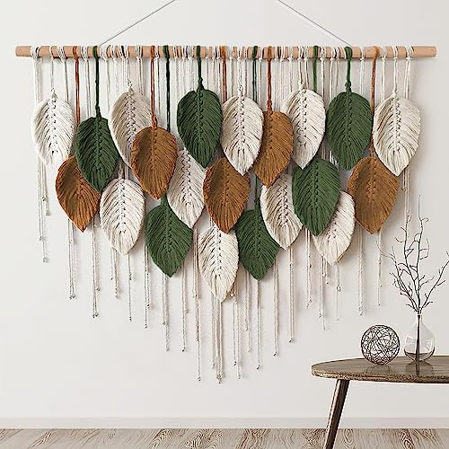 KHOYIME Large Macrame Wall Hanging Boho Woven Tapestry, Chic Home Decor Modern Bohemian Handmade Leaf Feather Wall Art Decorations for Apartment Dorm Living Room Bedroom Nursery Backdrop 39W X 29.5L