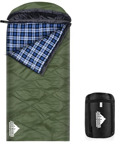 AGEMORE Baumwolle Flannel Schlafsack mit Fleece Futter Kapuze, wasserdicht XL Schlafsack für Erwachsene Kaltes Wetter Camping Rucksack oder Wandern, 3-4 Jahreszeiten mit Kompressionssack