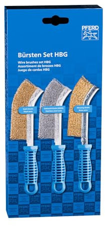 PFERD Juego de cepillos de mano HBG de 3 piezas, con 1 cepillo de mano con material de ribete, alambre de acero inoxidable y alambre de latón | Diámetro del alambre de alambre: 0,30 mm | 43900005