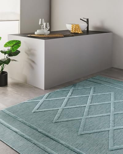benuta Nest In- & Outdoor Teppich Bonte - Türkis 120x170 cm - Strapazierfähig & Pflegeleicht - Für Balkon, Terrasse, Garten - Küchenteppich & Wohnzimmerteppich - Geometrisch, Boho-Style, Hygge Cozy