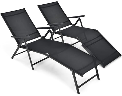 Multigot Folding Sun Lounger Set of 2, 5-Positions Adjustable Reclining Chaise Lounge Chair with 2-Level Footrest & Armrests, Steel Frame Outdoor Sunbed Deck Chair for Poolside Beach Camping (Black)