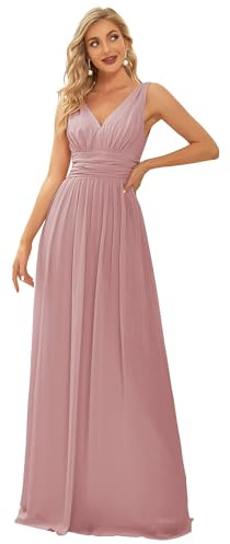 Ever-Pretty Vestito da Cerimonia Donna Linea ad A Stile Impero Chiffon Scollo a V Senza Maniche Abito da Damigella Chic Dusty Rose 36