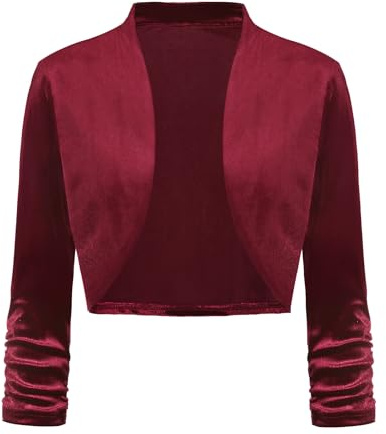 LADI TREND Women's Cropped 3/4 Sleeve Shrugs Open Front Elegant Bolero Cardigan Velvet (Wine red L)