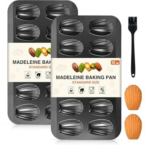 OAMCEG Madeleines Backform, Madeleine Form, Antihaftbeschichtet Karbonstahl, mit Silikonölpinsel für Ofen Backen Schokolade Brownies Kekse-Grau (12 Mulden 2 Stück)