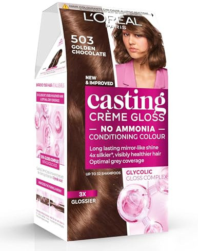 L’Oréal Paris Ammonia Free Semi-Permanent Hair Dye, 503 Golden Chocolate, Natural Looking Finish, For up to 28 Shampoos, Casting Crème Gloss, 1 Application