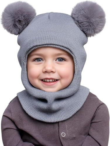 DRESHOW Gorro de Punto para Bebé Niño Niña Capucha Suave Invierno Sombreros y Bufandas con Doble Pompón para Pequeños Niños Niñas 1-6 Años