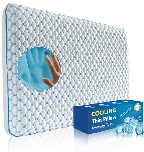 Iwacool Stomach Sleeping Pillow for Shoulder and Neck Pain Relief, Thin Pillow for Sleeping- Cooling Memory Foam Pillows Flat Pillows for Stomach Sleepers,Low Profile 3.25-inches for Back Sleeper
