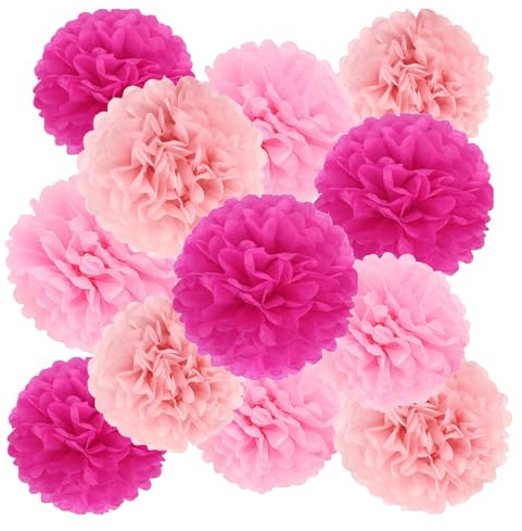 AOOTUERL 12 Piezas Pompones Rosa Decoracion, Flores Pompom Papel Seda, flores de papel decoracion para Bautizo Niña Fiesta, Bienvenida Bebe, Cumpleaños, Boda, Carnaval, comunion niña mesa dulce