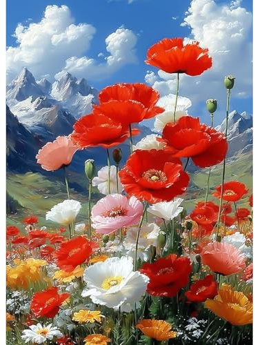 CEOVR Papavero Diamond Painting Kit 30x40cm DIY Diamante Kits,Set di Pittura a Diamante Cielo Azzurro con Nuvole Bianche e Fiori