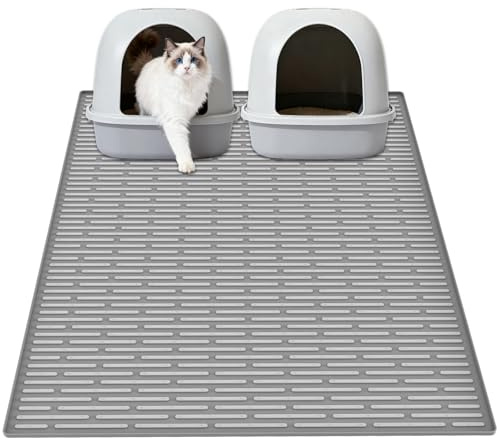 XXL Extra Large Silicone Cat Litter Trapping Mat for Scatter Control, 40x30(100cmx75cm) Waterproof Kitty Litter Box mat for Floor, Soft on Kitty Paws, Easy to Clean, Light Gray