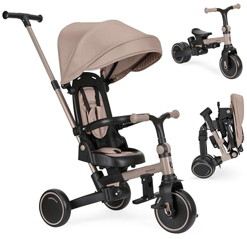 KikkaBoo Triciclo Evolutivo 8 in 1 ALUMA, da 12 Mesi a 5 Anni, Triciclo Passeggino Pieghevole con Maniglione per Genitori, Beige