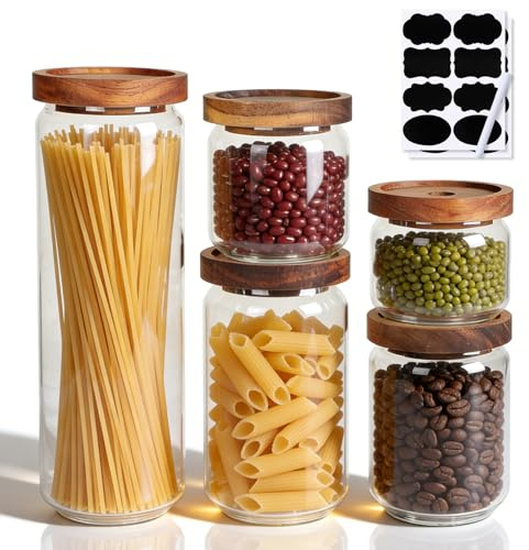 efuturetime Juego de 5 Tarros de Cristal con Tapa Hermética 1700ml/1000ml/750ml/500ml/350ml, Botes Cocina Almacenaje Cristal Apilables Frascos de Vidrio con Tapa Madera para Cereales Alubias Té