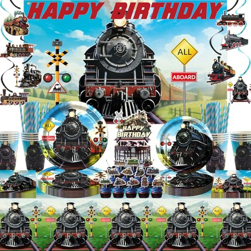 Decoraciones de cumpleaños de tren, decoraciones de fiesta de tren, incluye telón de fondo de feliz cumpleaños, plato, taza, servilleta, decoración de pastel, mantel colgante de techo para locomotora