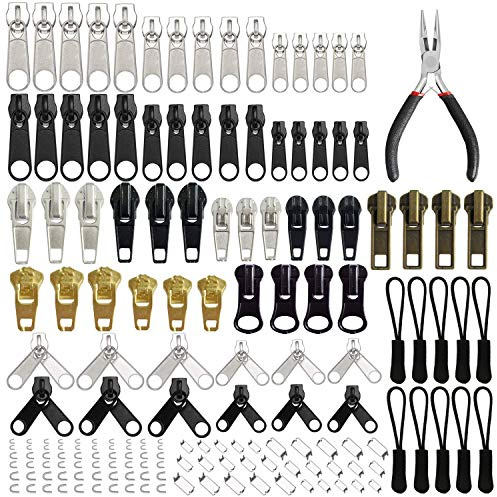 EuTengHao - Kit di riparazione cerniera di ricambio, 169 pezzi, kit di soccorso con pinze, attrezzi e estensioni per cerniera per vestiti, giacche, borse, bagagli, zaini (argento e nero)