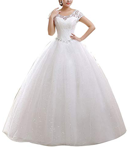 GELing Femmes Robes De Mariée Dentelle Encolure Ronde Robe De Mariage Longue Blanc EU 42