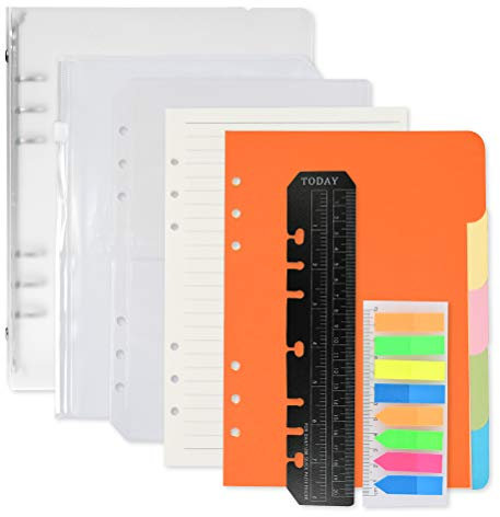 FOCCTS 3er Pack A5 Nachfüllpapier-Set 45 Seiten und 5 farbige Trennblätter, 5 Stück Umschläge mit Reißverschluss, 25 blätter Index Tabs, Lesezeichen Lineal,Drei-Gitter-Rechnung Aufbewahrungstasche