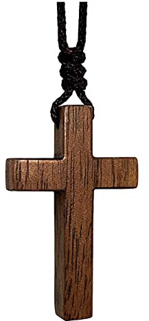 Wooden Cross Necklace for Men, Women, Children, Kids - Natural Walnut Wood Small Cross Pendant Necklace with Vegan Black Cord - Christian Religious Jewelry Gift