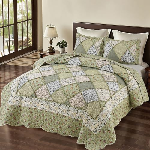 VIVILINEN Full Queen Size Green Patchwork Quilt Set Reversible Quilted Bedspread Coverlet Set 3-Piece Floral Lightweight Comforter Stitched Bedding Set Bed Sheet Set Cover Blanket with 2 Pillow Shams