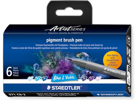 STAEDTLER Brush Pen Pigment Arts, Blues & Violets, tinta pigmentada premium, punta de pincel para ancho de línea variable, resistente al agua, 6 rotuladores en estuche de cartón, 371 C6-2