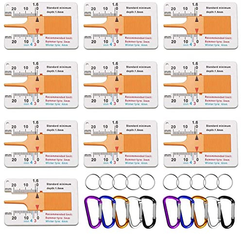 GTIWUNG 10 Pezzi Spessimetro per Pneumatici Profondità, 0-20mm Intervallo di Misurazione Della Profondità del Battistrada, Calibro di Profondità Misurazione + 10 Pezzi Moschettoni