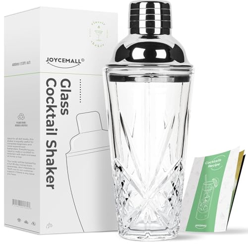 JOYCEMALL 400ML Crystal-Klarglas Cocktail Shaker - Lecksicher mit Edelstahl-Deckel (Messbecher-Design), Integriertem Sieb & Geschenkbox, Ideal für Zuhause Bar, Party & Whisky, Fruchtsäfte - Silver