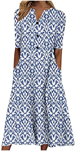 Midi Dresses for Women UK Short Sleeve V Neck Button Floral Dress Summer Casual Loose Fit Long Dresses with Pockets Comfy Lounge T Shirts Dress Beach Holiday Plus Size Elegant Sundress Sale