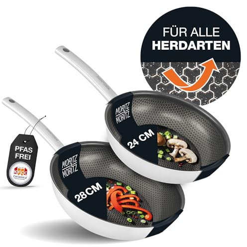 Moritz & Moritz Edelstahlpfannen 24 & 28cm mit Keramikbeschichtung der neuesten Generation - für alle Herdarten geeignet - Antihaft Pfannenset Wabenstruktur zum Kochen, Braten und Schmoren
