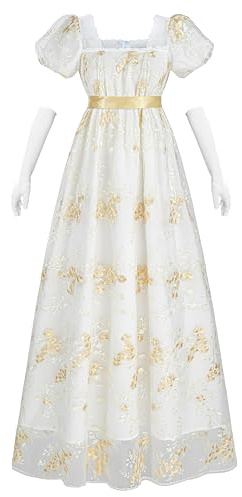 NSPSTT Regency - Abiti da donna in stile vittoriano, con maniche a sbuffo e vita impero, Oro - Con Guanti, S