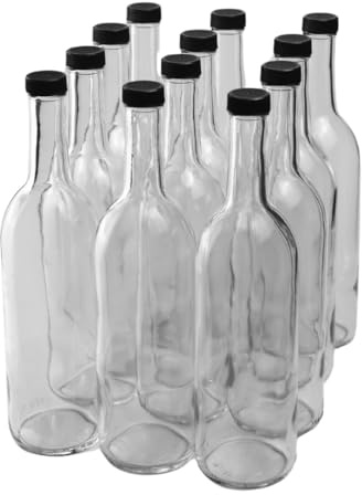 FastRack 750 ml Clear Bordeaux Wine Bottles (Pack of 12) Screw top finish with 12 Black PLASTIC caps | W5 Flint Flat-Bottomed Glass Bottles Ideal for Wine Making and Storage
