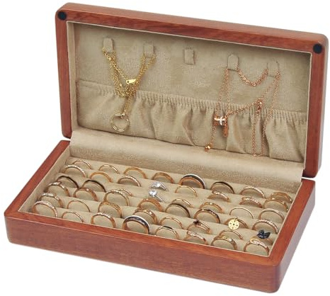 LIBOLXSP Solid Wood Jewelry Organizer Box Storage for Rings, Earrings, Cufflinks Velvet-Lined Interior Travel-Friendly Handcrafted Jewelry Case Portable Brass Hinges Vintage Gift for Mother's Day