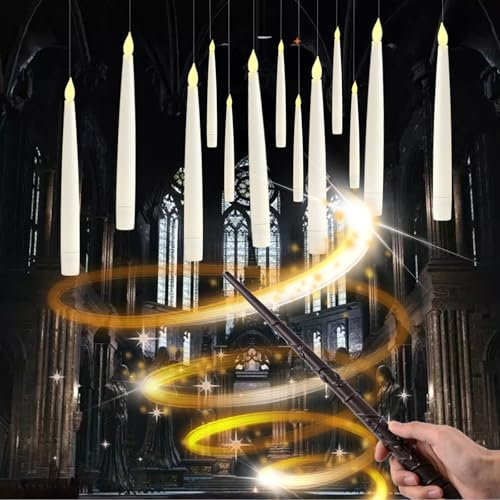 Sadodo Floating Candles with Magic Wand,Remote Flameless LED Taper Candles,Pack 12PCS Battery Operated, Flickering Warm Light, for Birthday Halloween Party Decorations,Home Yard Camping