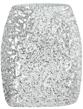 Kefiyis Gonna con paillettes glitterate da donna in vita elasticizzata, gonna con paillettes con fodera per festival, carnevale e feste, argento, XL