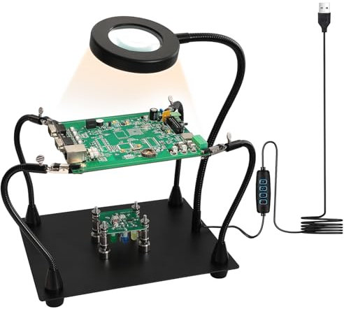 Tercera mano Soldadura con una amplia base de 25x20cm, 4 brazos flexibles con cuello de cisne y pinzas de cocodrilo, 10X lupa, LED ajustable en 3 colores, ayuda para soldadura SMD