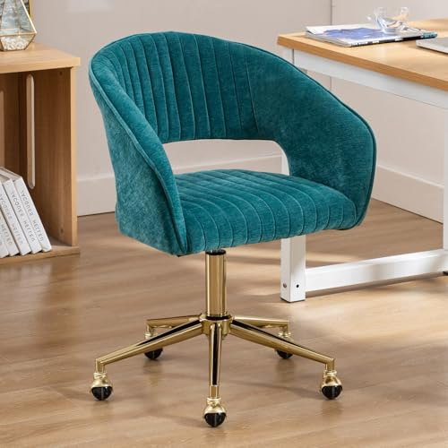 Ya-Home Chenille skrivbordsstol roterande kontorsstol, modern arbetsstol, justerbar höjd, sminkbord med guldbas för sovrum/kontor, turkos