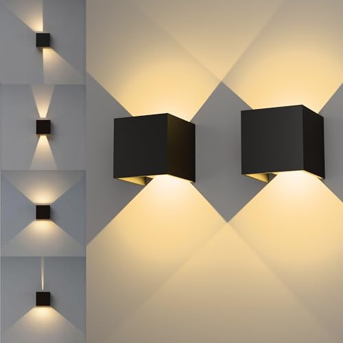 KarlpaSW Wall Lights Mains Powered 2pack,Adjustable Beam 12W 3000K Warm White Up and Down Lights Outdoor,IP65 Black Square Aluminium LED Wall Sconce for Front Door,Garage,Porch